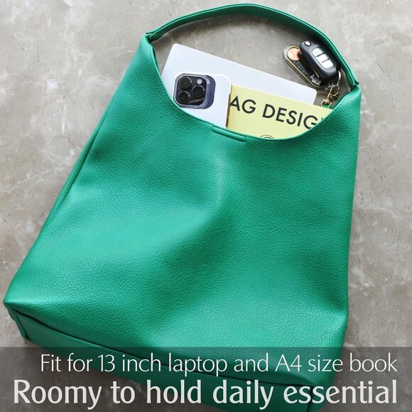 Women Green Imported PU Polyester Leather Hobo Soft Vegan Shoulder Tote Bags - Picture 5 of 6